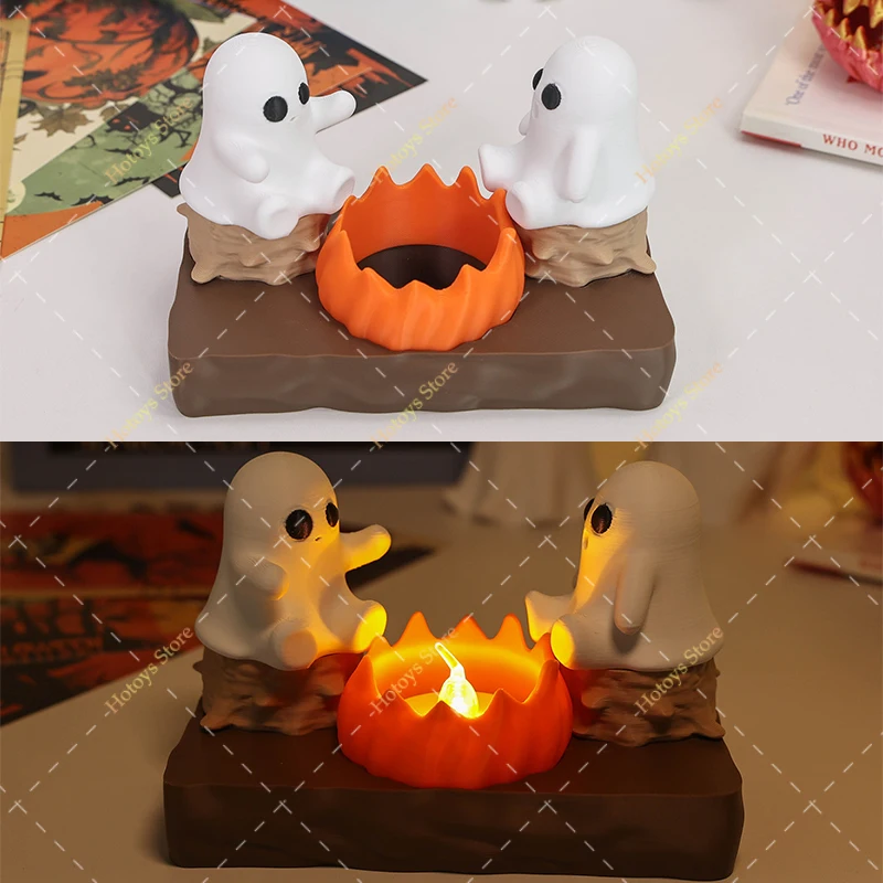 Halloween Cute Ghost Campfire Model Ornament 3D Printed Little Ghost Sit by Bonfire Home Table Decor Halloween Party Gift