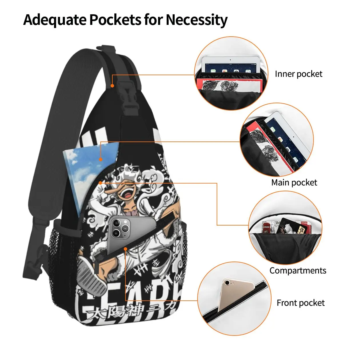 One-Piece Monkey D Luffys Nika Gear 5 Sling Bag Chest Crossbody Shoulder Backpack Travel Hiking Daypacks Printed Pack