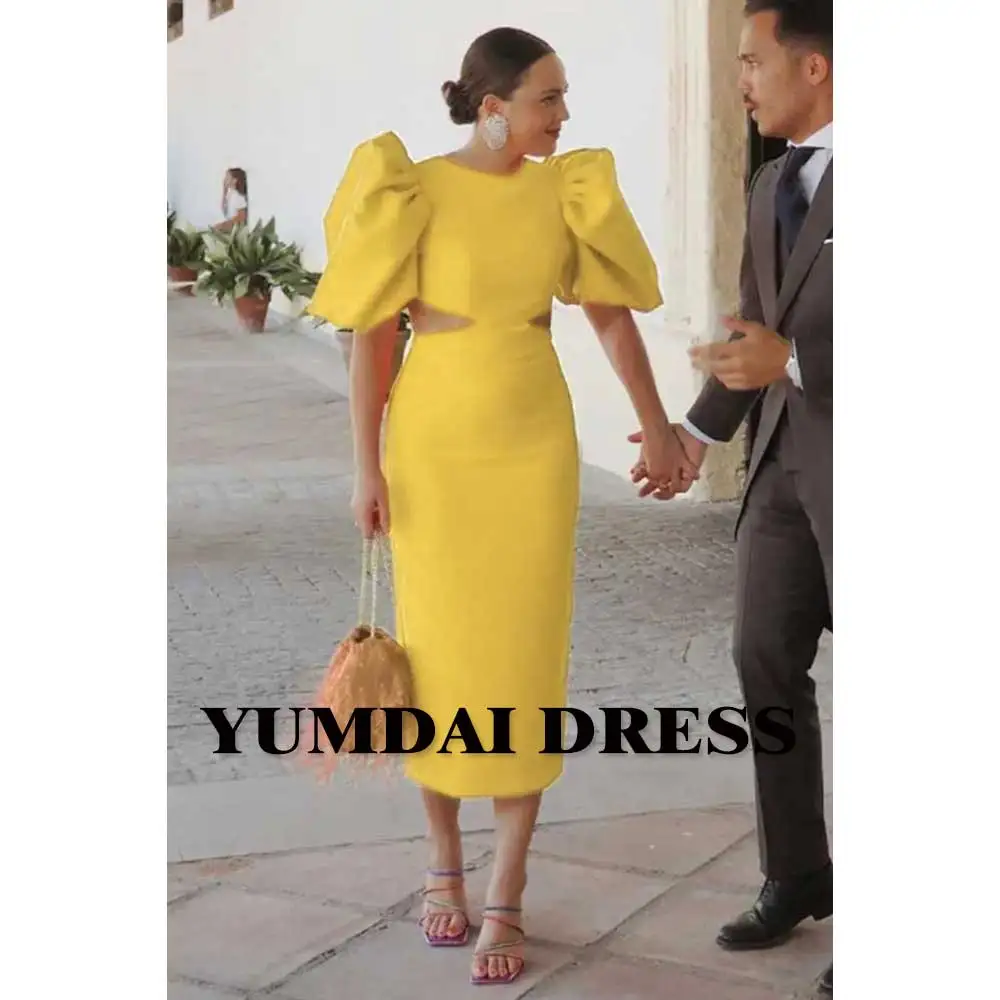 

YUMDAI Yellow Dubai Puffy Sleeve Evening Dress 2023 Bride Wedding Dress Bridesmaid Ball Formal Occasion Gown Elegant Mom Dress