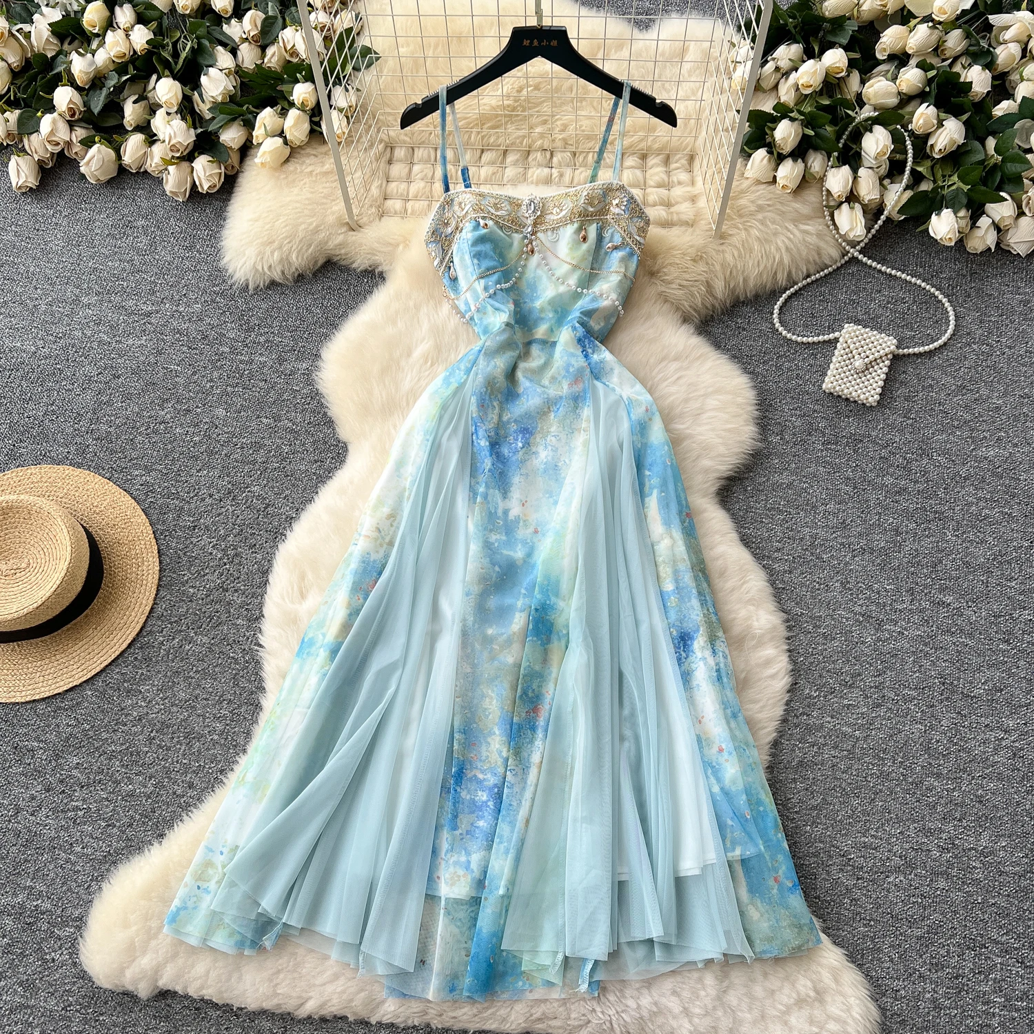 

Vintage Spliced Embroidered print Slip Dress Sexy Elegant Beach Vacation Women Summer Sleeveless Fashion Dresses