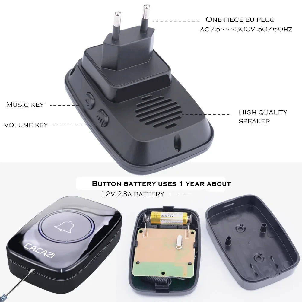 Timbre inalámbrico inteligente a prueba de agua, luz LED, botón táctil, seguridad del hogar, 60 campanillas, llamada de puerta, enchufe estadounidense y europeo, rango remoto de 300M