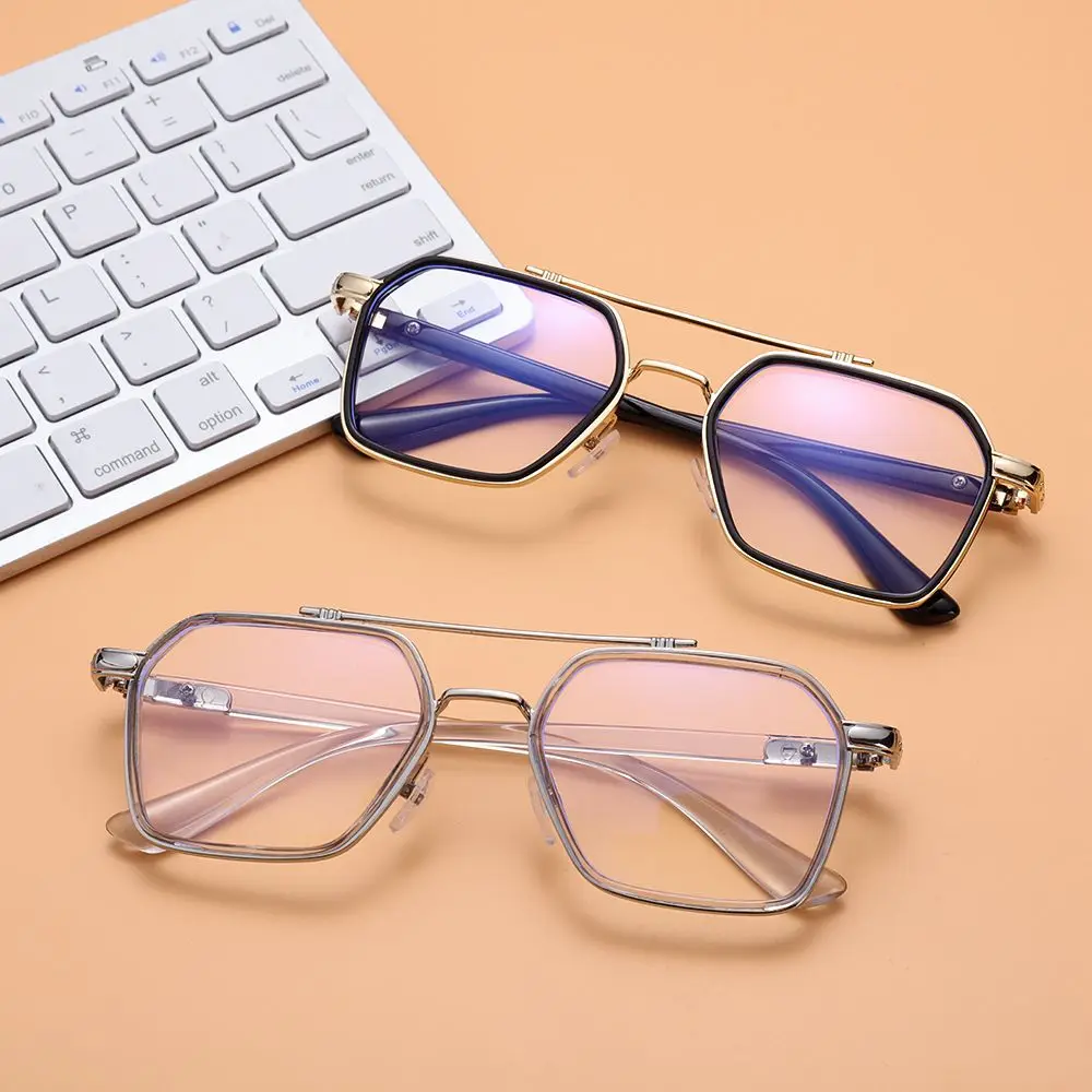 Reduces Eye Strain Unisex Double frame Polygon Retro Eyeglasses Reading Glasses Anti Blue Light Flat Mirror Eyewear