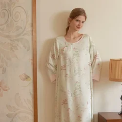 Chinese Retro Style Nightgowns Women's Elegant Satin Long-sleeved Nightdress Two Colors Round Neck Viscose Night Dress