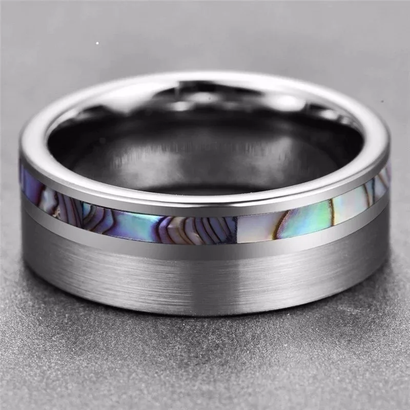 Fashion 8mm Silver Color Men Stainless Steel Ring Inlay Colorful Abalone Shell Rings For Men Women Wedding Band Jewelry Gifts