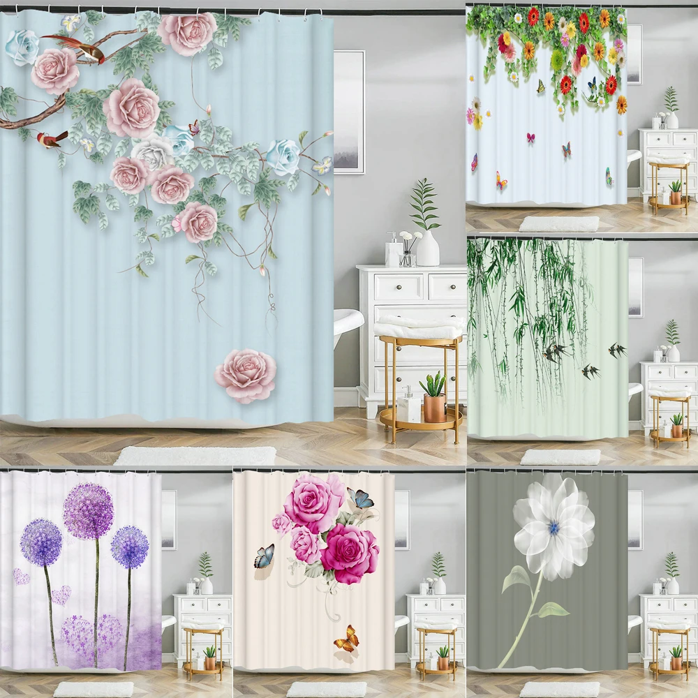 Beautiful Flowers Shower Curtains Floral Printed 3D Curtain For Bathroom Polyester Fabric Waterproof Bathroom Curtain with Hooks