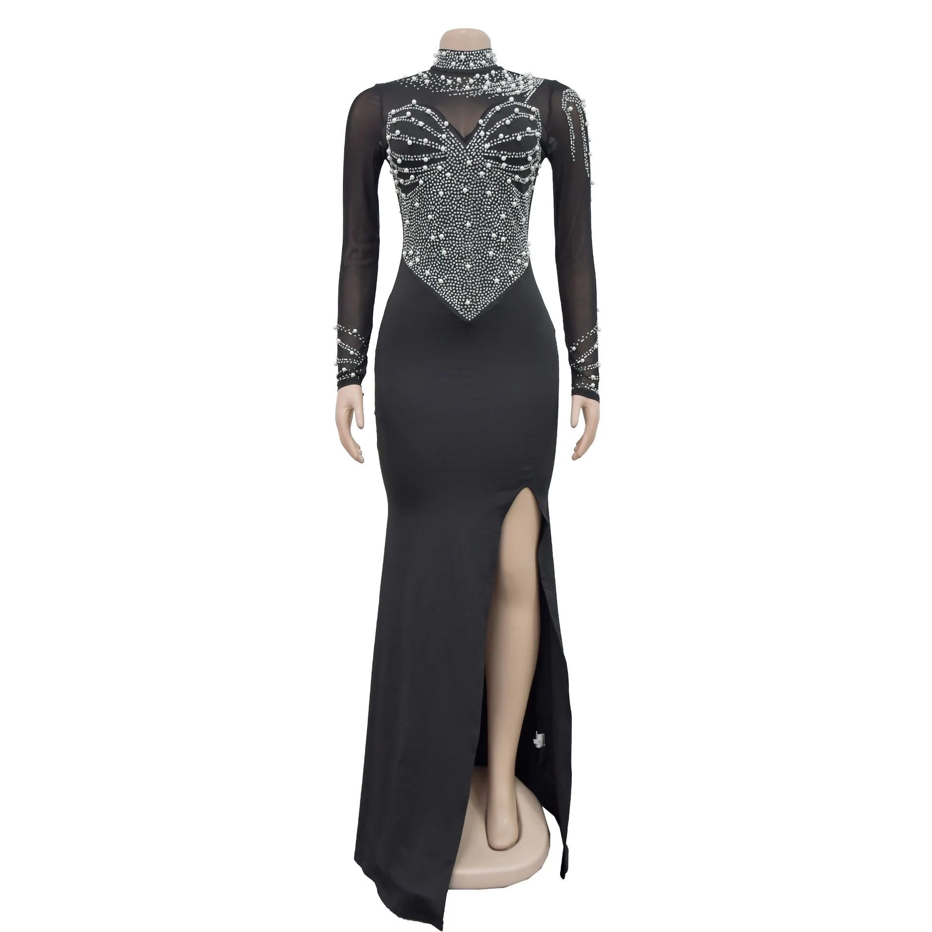 Nueva moda Sexy manga larga cuello redondo lentejuelas malla transparente Color sólido Slim Fit Split vaina vestido hasta el suelo para mujer, 3 colores