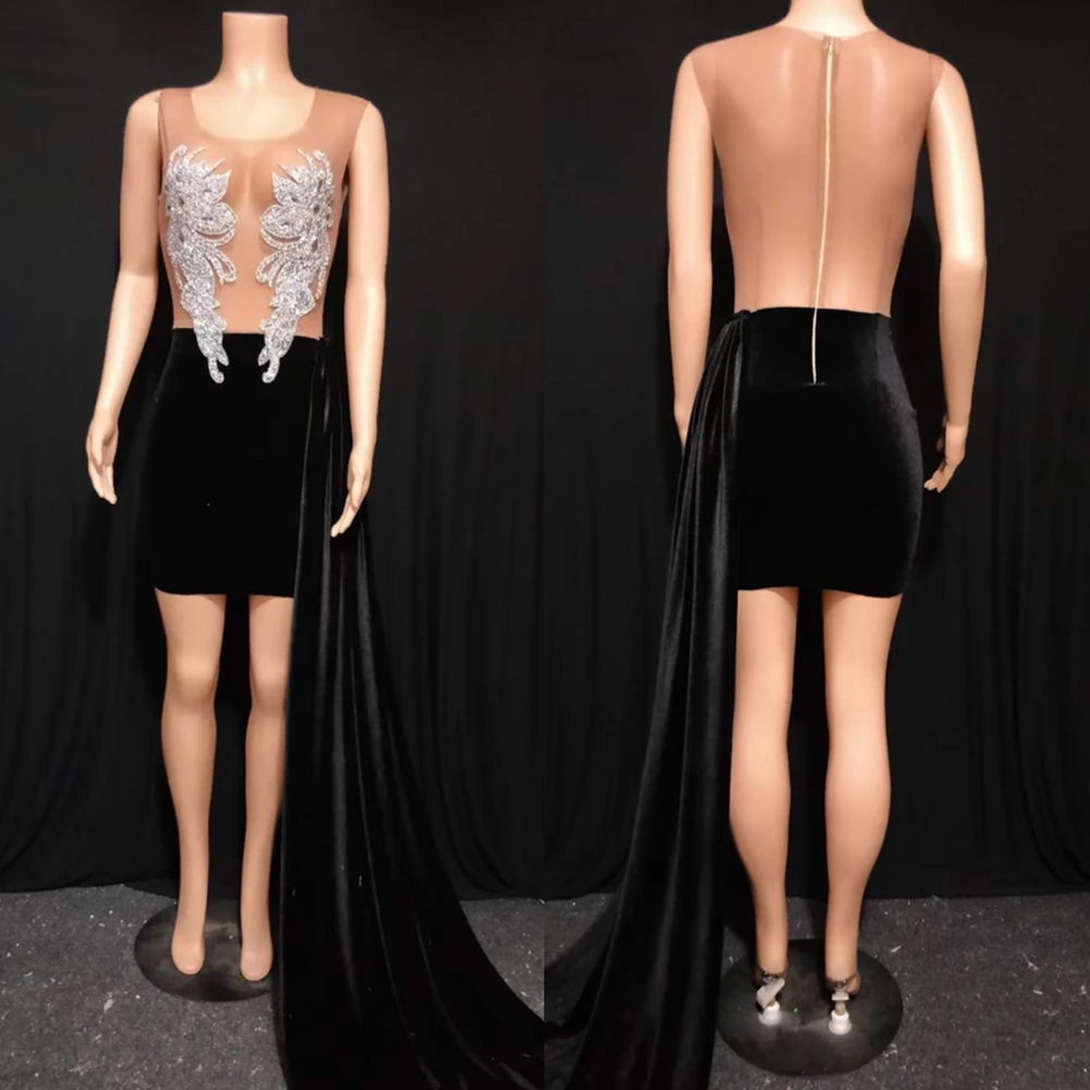 Vestido de terciopelo negro con diamantes de imitación para mujer, traje de fiesta, graduación, boda, compromiso, Formal, club nocturno, espectáculo de pasarela