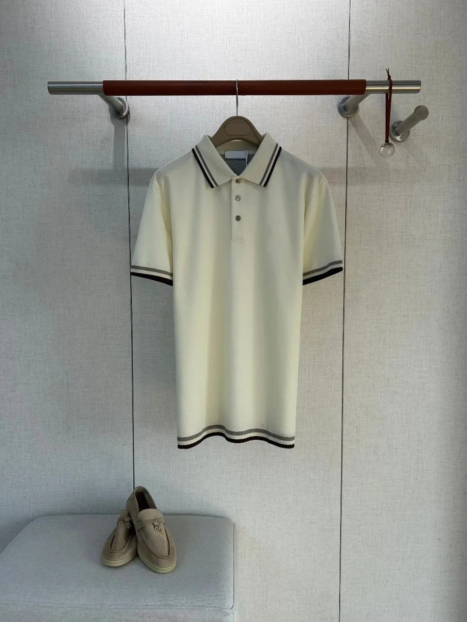 Old Money Style Mens Brown Gray Woven Collar Three Button High Count Two Ply Pique Cotton Solid Slim Fit Casual Polo Shirt  lp