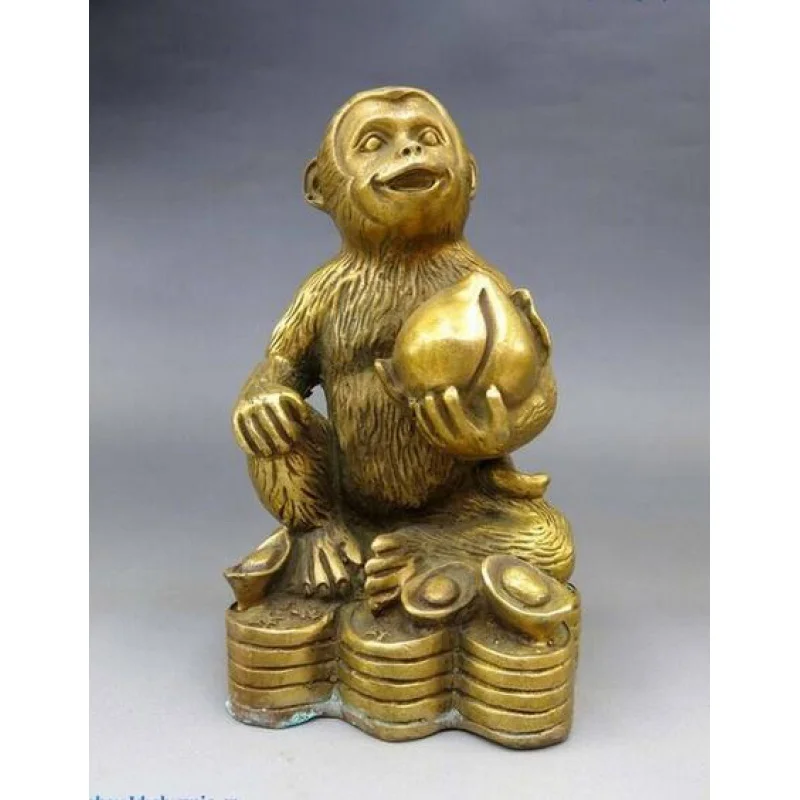 

YM 307 China brass copper carved Feng Shui yuan bao Peach monkey Sculpture Statue