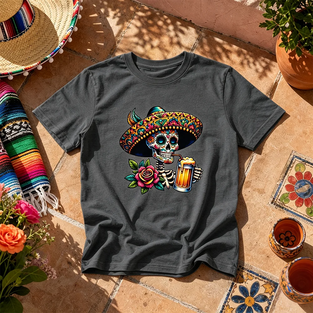 Unisex Breathable Mexican Sombrero Skull Tee Short Sleeve Parent-Child Matching Day of the Dead Fiesta Celebration Summer Top