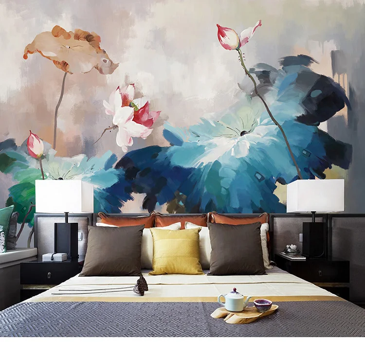 Custom 3d Chinese wallpaper lotus bedroom hand painted mural oil painting Living room sofa TV background wall restaurant 8d