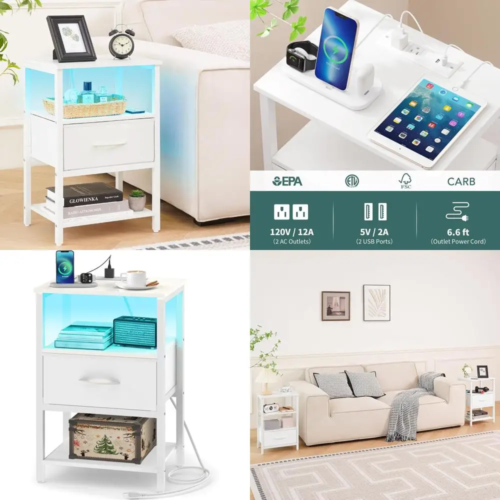 

LED-Illuminated Charging Nightstand with Fabric Drawer, 3-Tier Storage Side Table for Bedroom and Living Room