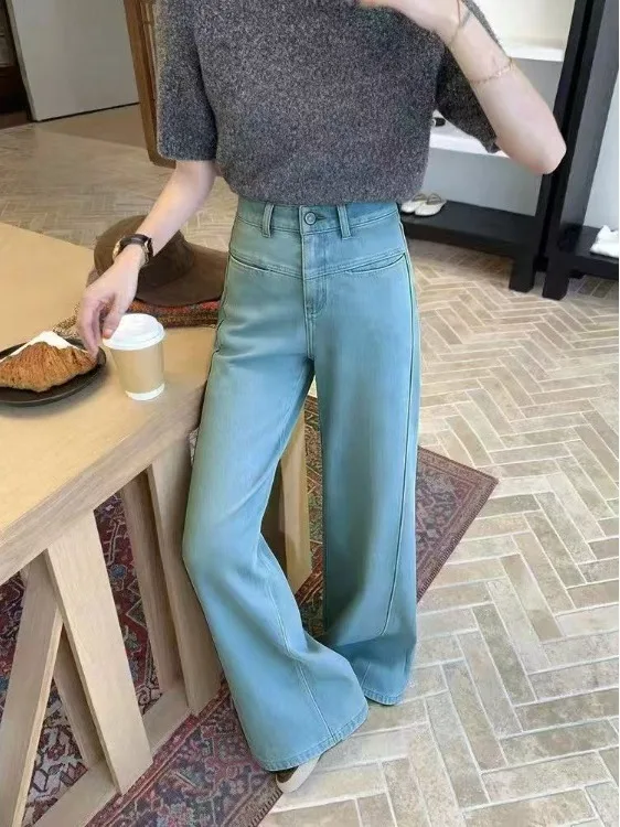 

plus Size Retro Wide Leg Jeans High Waist Slimming Blue Straight Leg Pants for Pear Shaped Body Spring Summer New Arrival