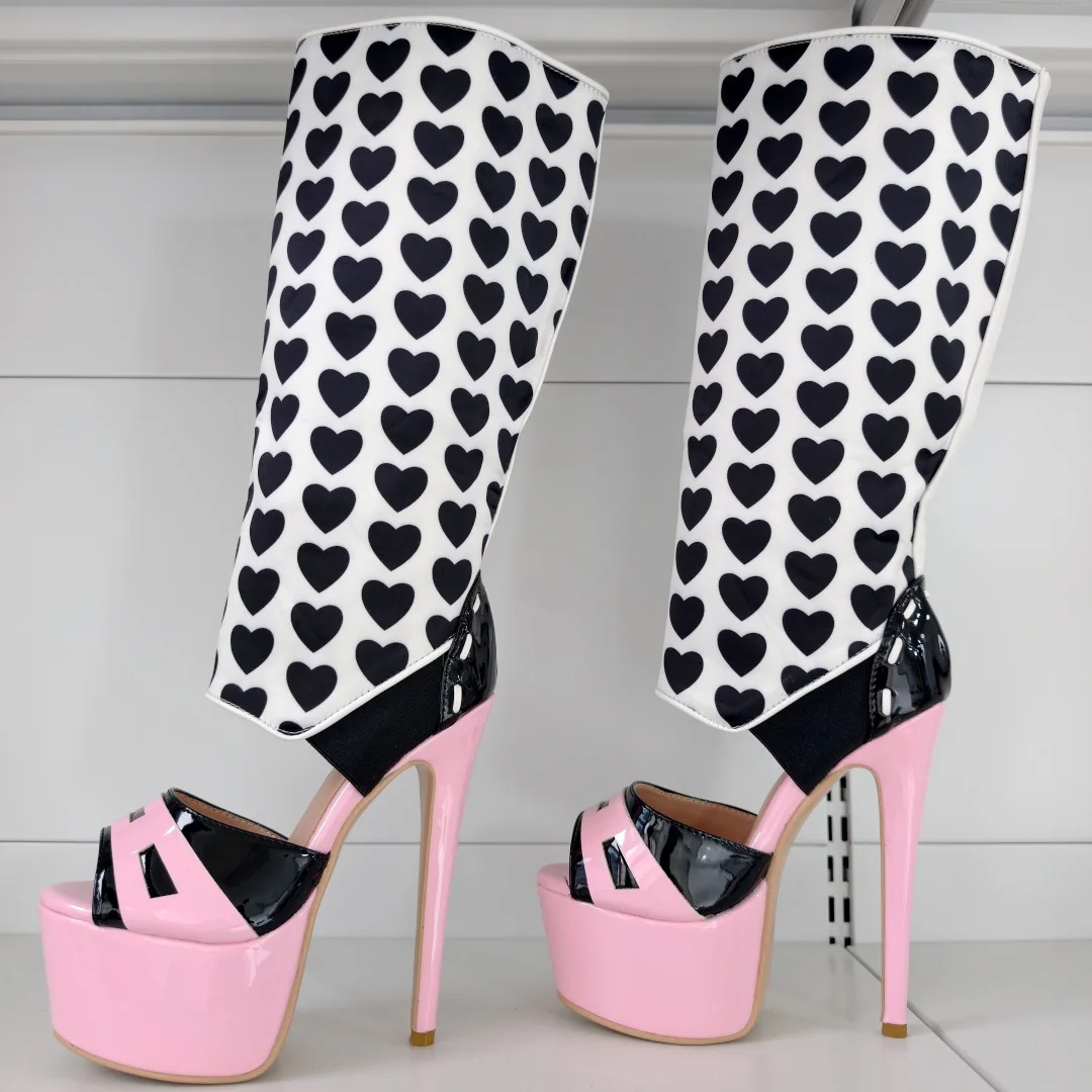 Black Heart Print Platform Sandal Boots Women Trendy Sexy Mixed Color Cut Out Boots Female Open Toe Pink High Heels Long Shoes