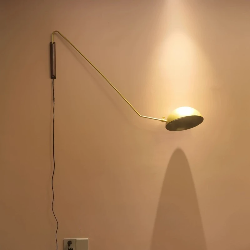 

French Wooden Base Long Pole Rocker Arm LED Wall Lamp Black/gold Wrought Iron Light Living Room Bedroom Restaurant Study Sconces