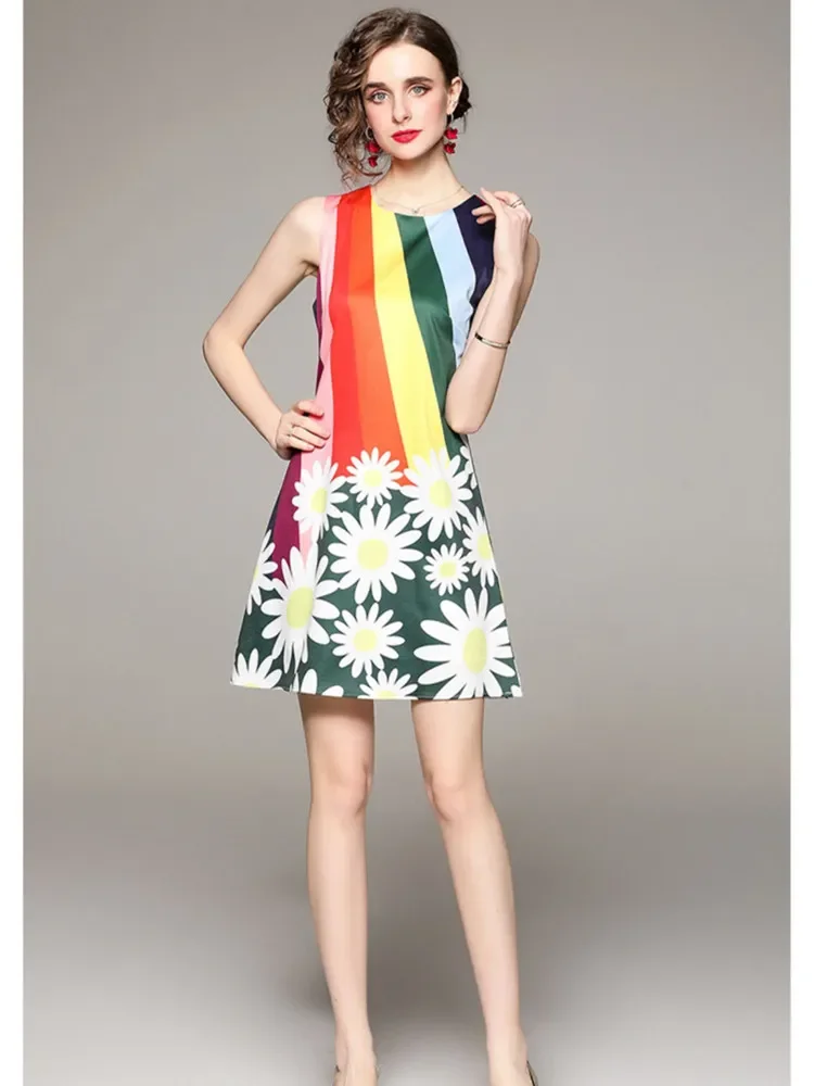 

New Fashion Rainbow Striped Flower Dress Women's Sleeveless O Neck Daisy Floral Print Slim A Line Mini Party Tank Vestidos