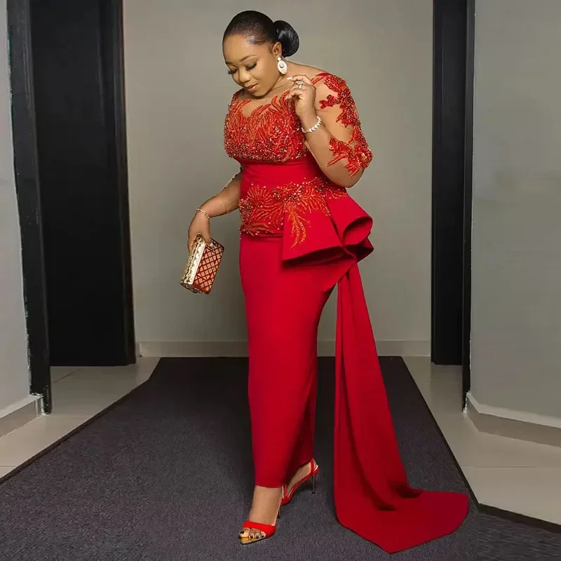 Plus Size Arabisch Aso Ebi Ballkleider rote Spitze Applikationen schiere lange Ärmel Scheide Abendkleider Sweep Zug Frauen Party kleid