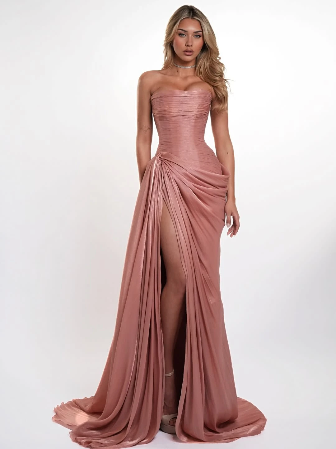 

Custom Blush Pink Strapless Pleat Mermaid Maxi Party Dress Ruched Corset Lace Up Back High Slit Formal Evening Prom Wedding Gown