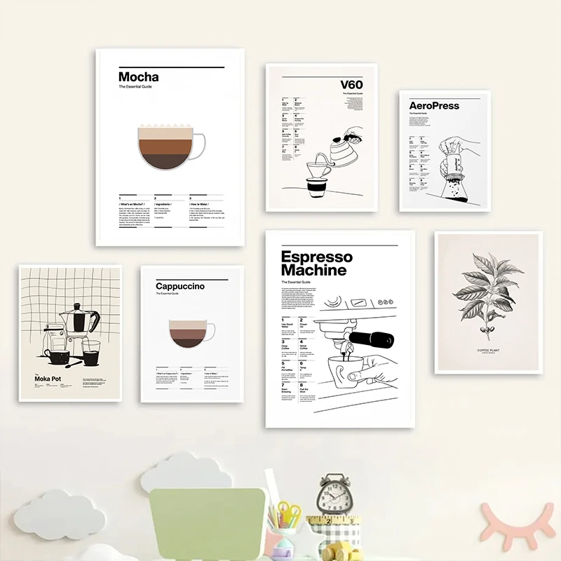 Vintage Coffee & Tea Brewing Guide Poster Minimalist Black White Knowledge Chart  Wall Art for Kitchen Bar Cafe Home Decor