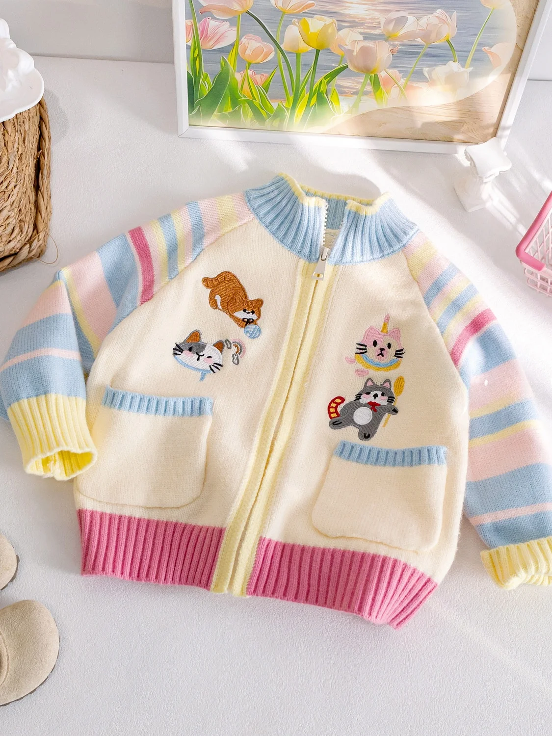 

Cute Girl's Knitted Sweater Jaet Rainbow Stripes Embroidery Spring Autumn New Arrival Baby Girl's Cartoon Knit Open Cardigan