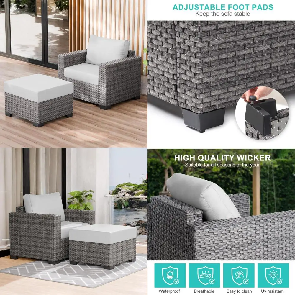 Gray Rattan Outdoor Patio Chair with Ottoman, Weather-Resistant Cushions for Porch, Balcony, or Deck