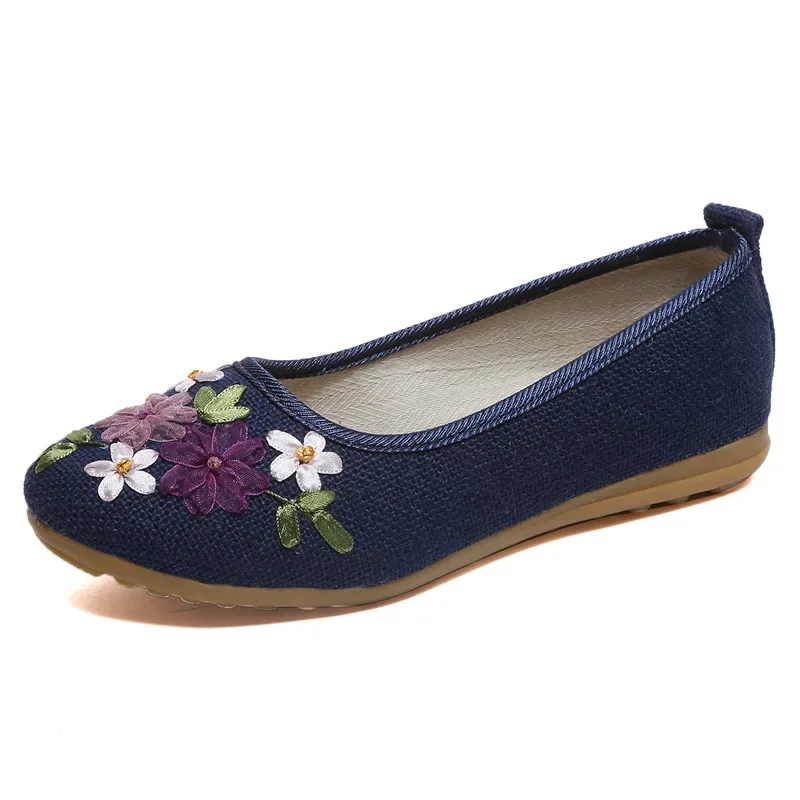 Vintage Embroidered Women Flats Flower Slip On Cotton Fabric Linen Comfortable Old Peking Ballerina Flat Shoes Sapato Feminino