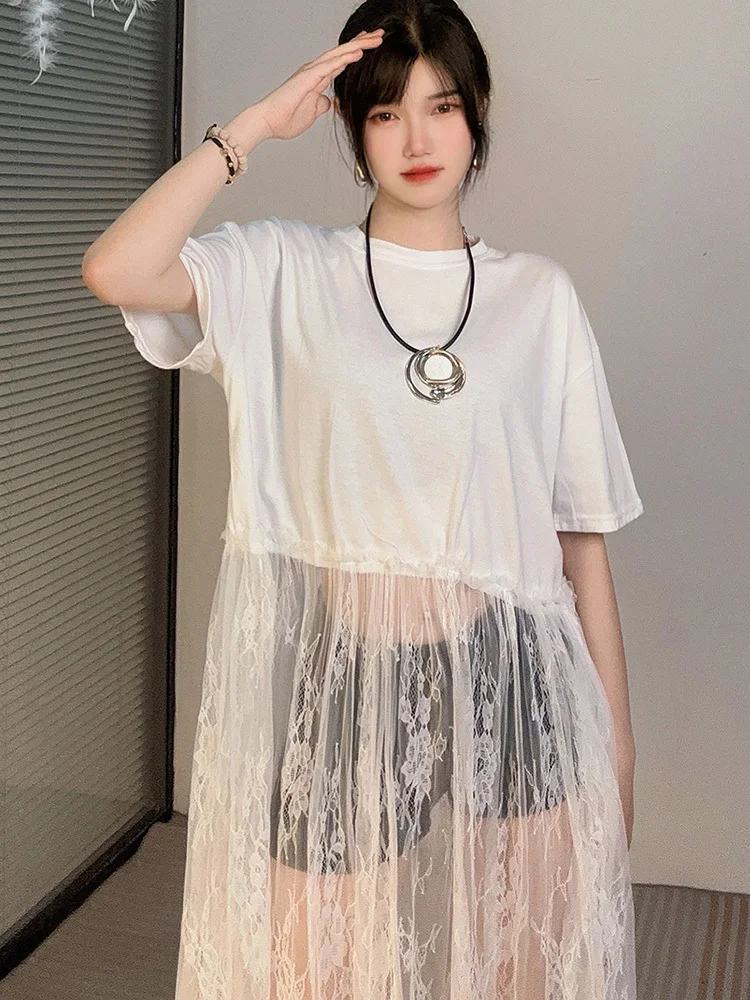 Shengpalae-女性のためのルーズなTシャツドレス,レース付きの服,透かし彫り,遠近法,カジュアル,エレガント,ファッショナブル,新しい,夏,5c1098,2024