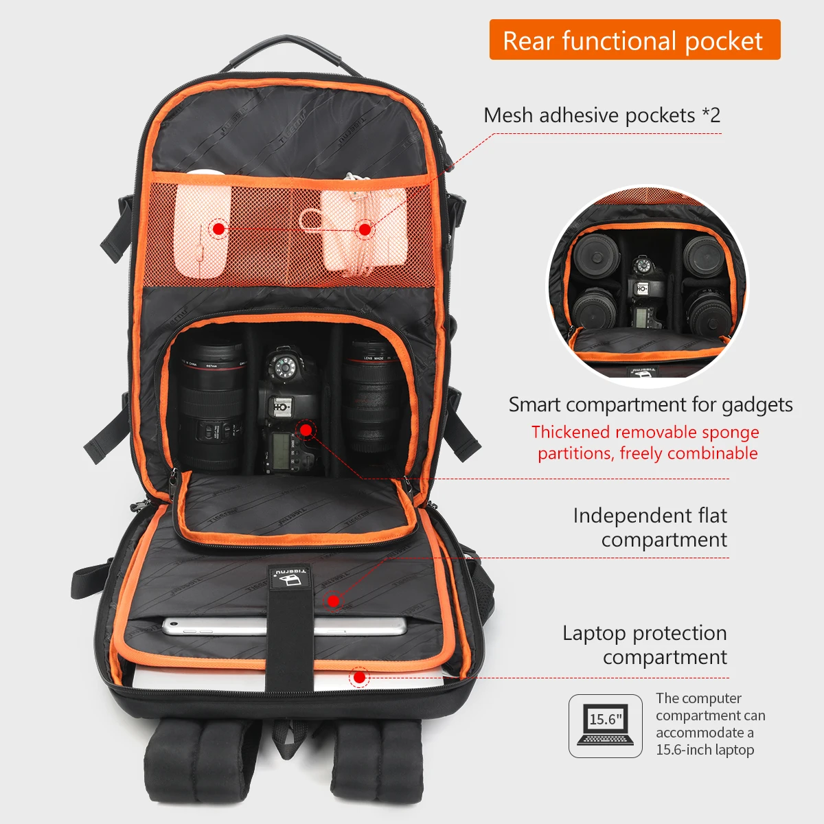 Mochila con cámara para hombre, morral para ordenador portátil de 14 y 15,6 pulgadas, con cubierta impermeable, para viaje, garantía de por vida