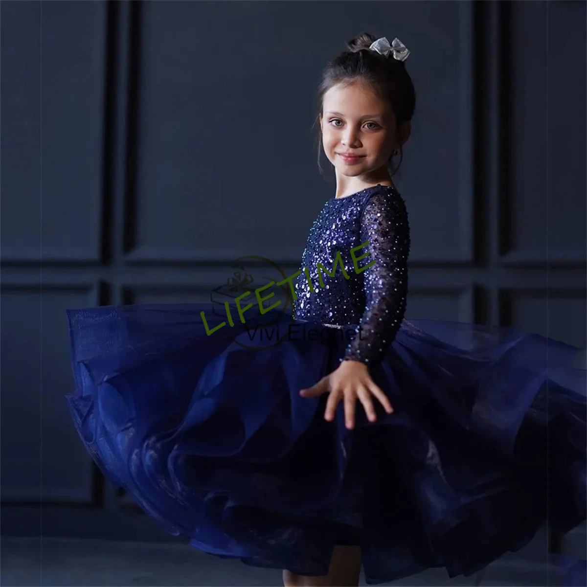 Fashion Navy Purple Flower Girl Dresses Full Sleeve Sequined Beads Christmas Gown for Princess New فساتين اطفال للعيد Winter