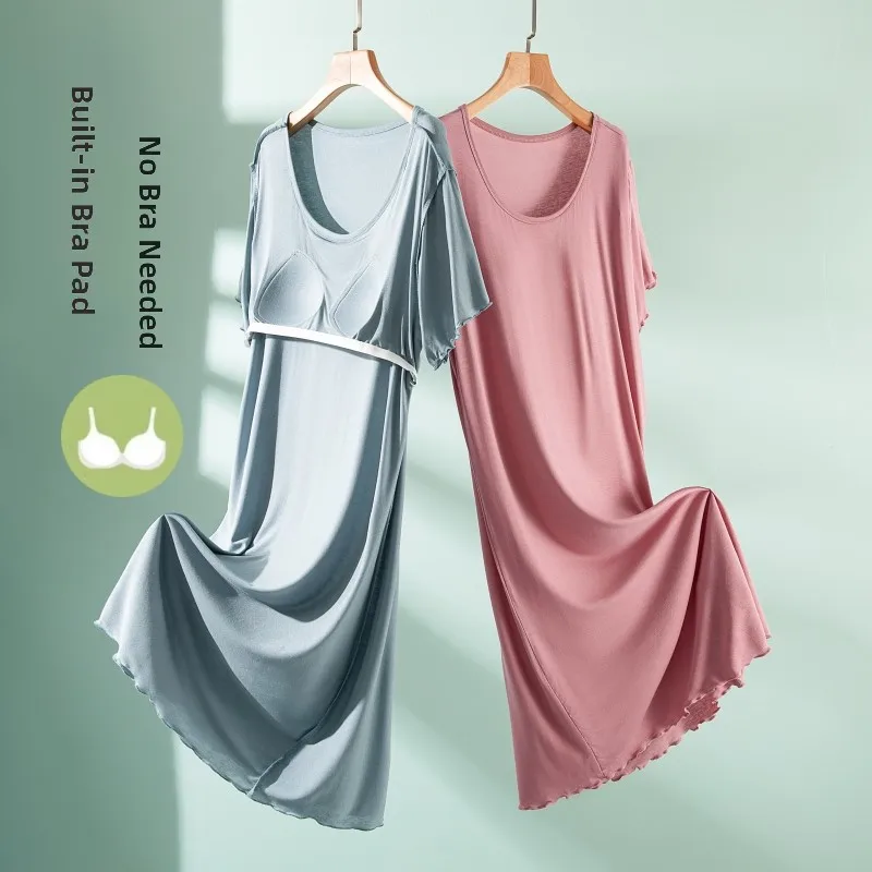 Thin Modal Dress Women's Summer Outdoor Wear with Chest Pad One-Piece Nightgown Home Clothes Short Sleeve Base Dress