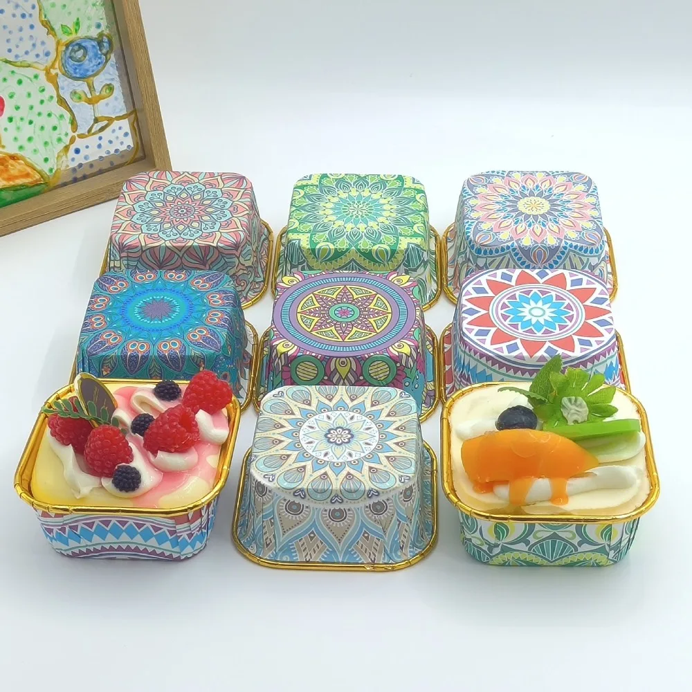 50pcs New Bohemian Style Cupcake Cups Square Disposable Dessert Cups Thickened Gold Cake Cup Baking Accessories