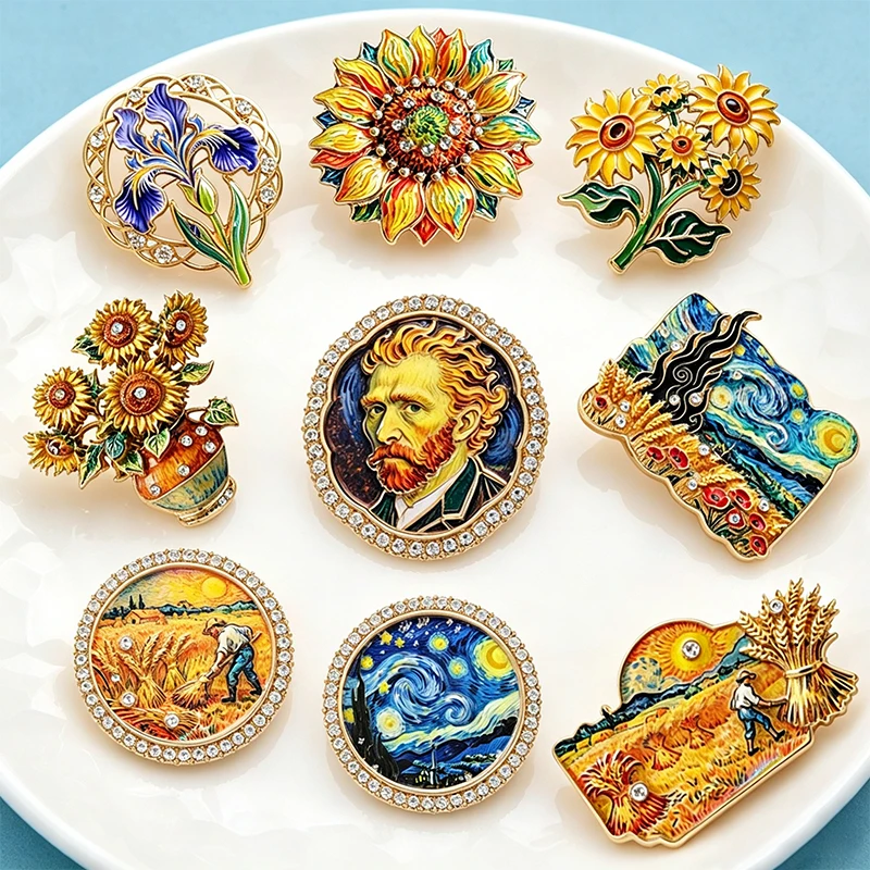 Wuli&baby Broches de pintura famosa para mujer, unisex, 9 diseños: La noche estrellada, Girasoles, Iris y El Ceñador, insignia de broche para fiesta