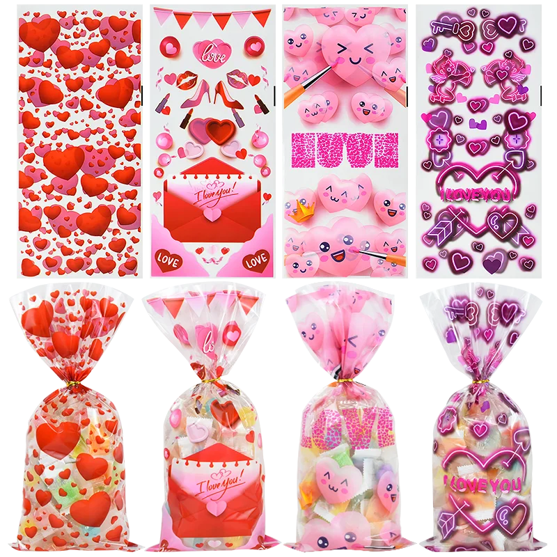 50Pcs Valentine’s Day Plastic Candy Bag With Ties Love Heart Cookie Chocolate Gift Packaging Bag For Wedding Birthday Party