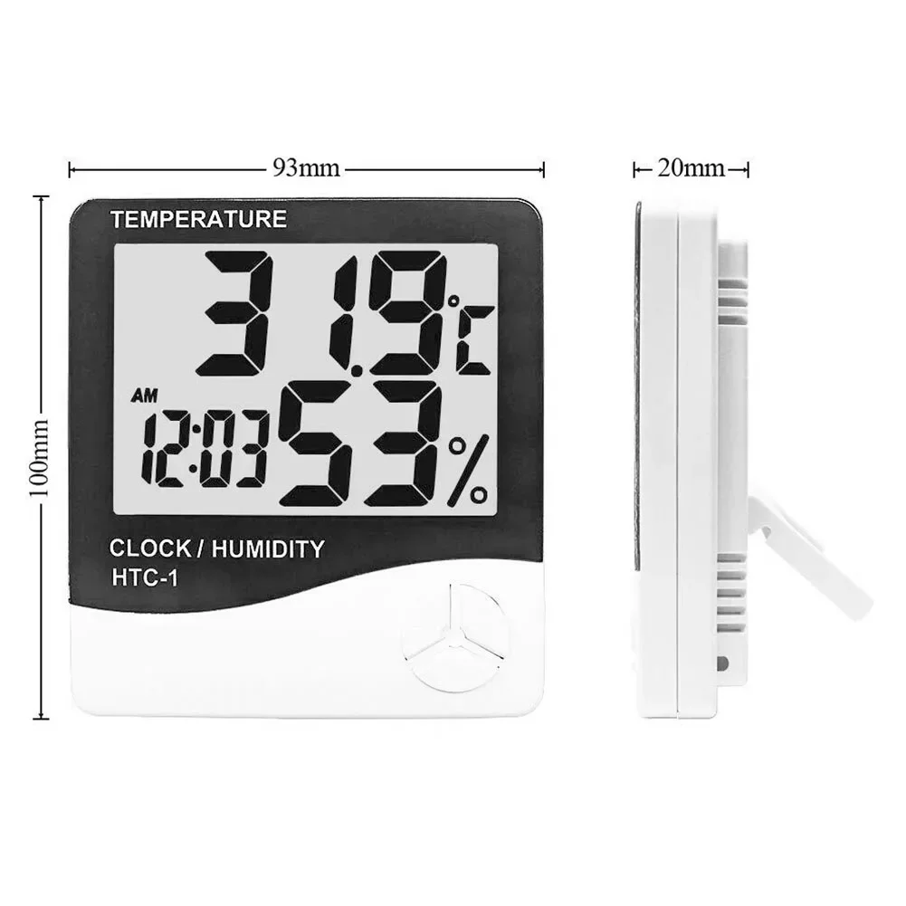 LCD Room Thermometer  HTC1 Indoor Hygrometer Humidity Meter Alarm Clock  Clear Display  Convenient 12/24 Hour Setting