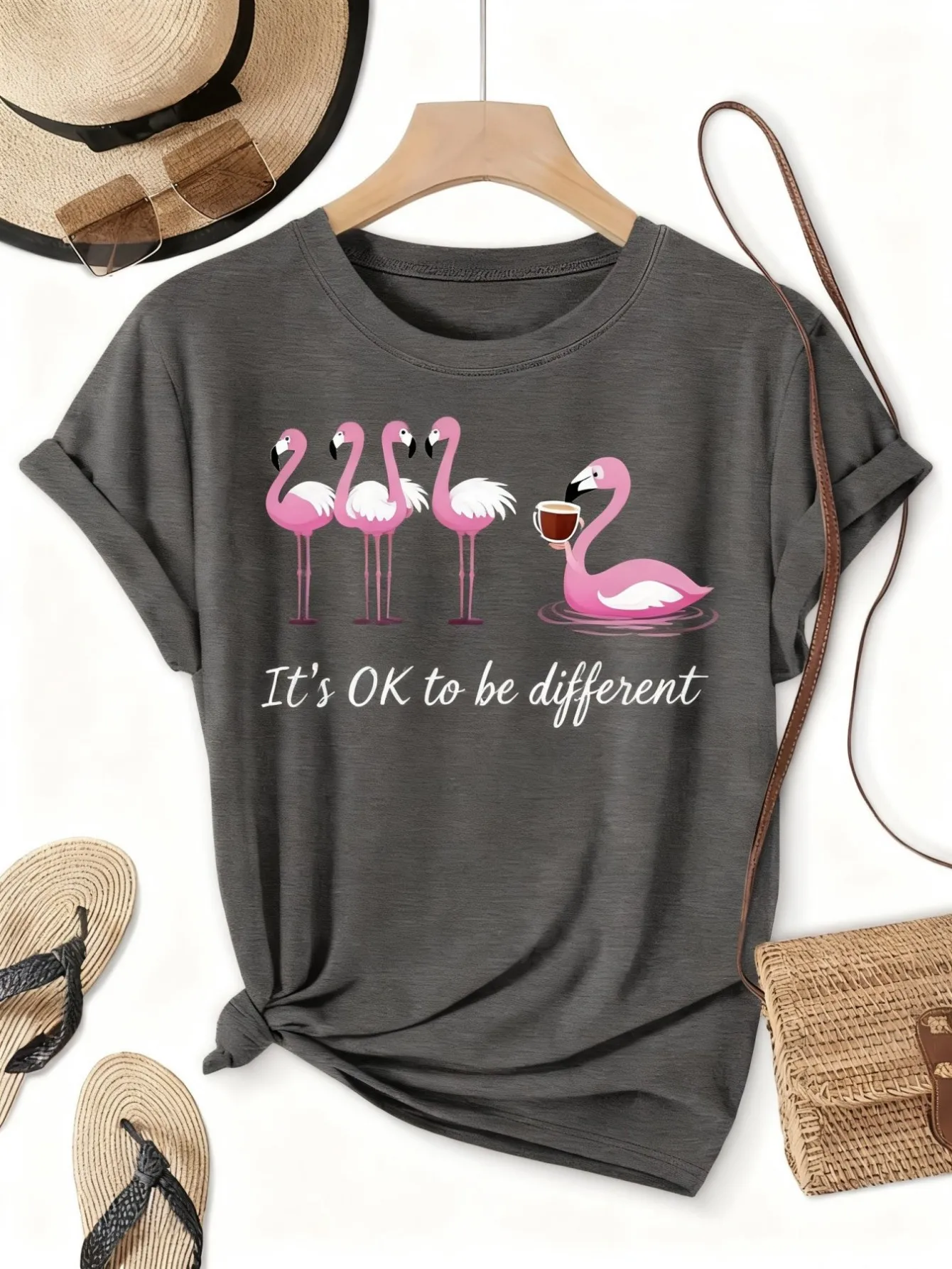 

Plus size women's short sleeve T-shirt Flamingos Drinking Coffee Different Everyday comfortable versatile style summer outfit