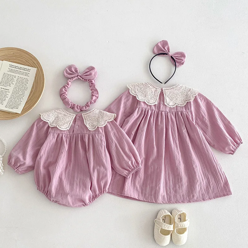 2024 New Autumn 1-5Yrs Girl Party Dress Baby Girl Romper Long Sleeved Cotton Splicing Kids Princess Dresses Sister Clothes