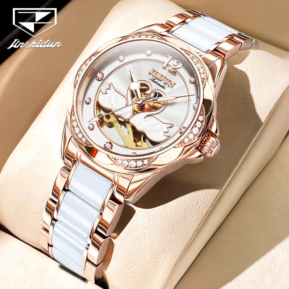 JSDUN High Quality Automatic Mechanical Ladies Watch Original Ceramic Waterproof Lady Wrist Watch Elegant Fashion Women Watches