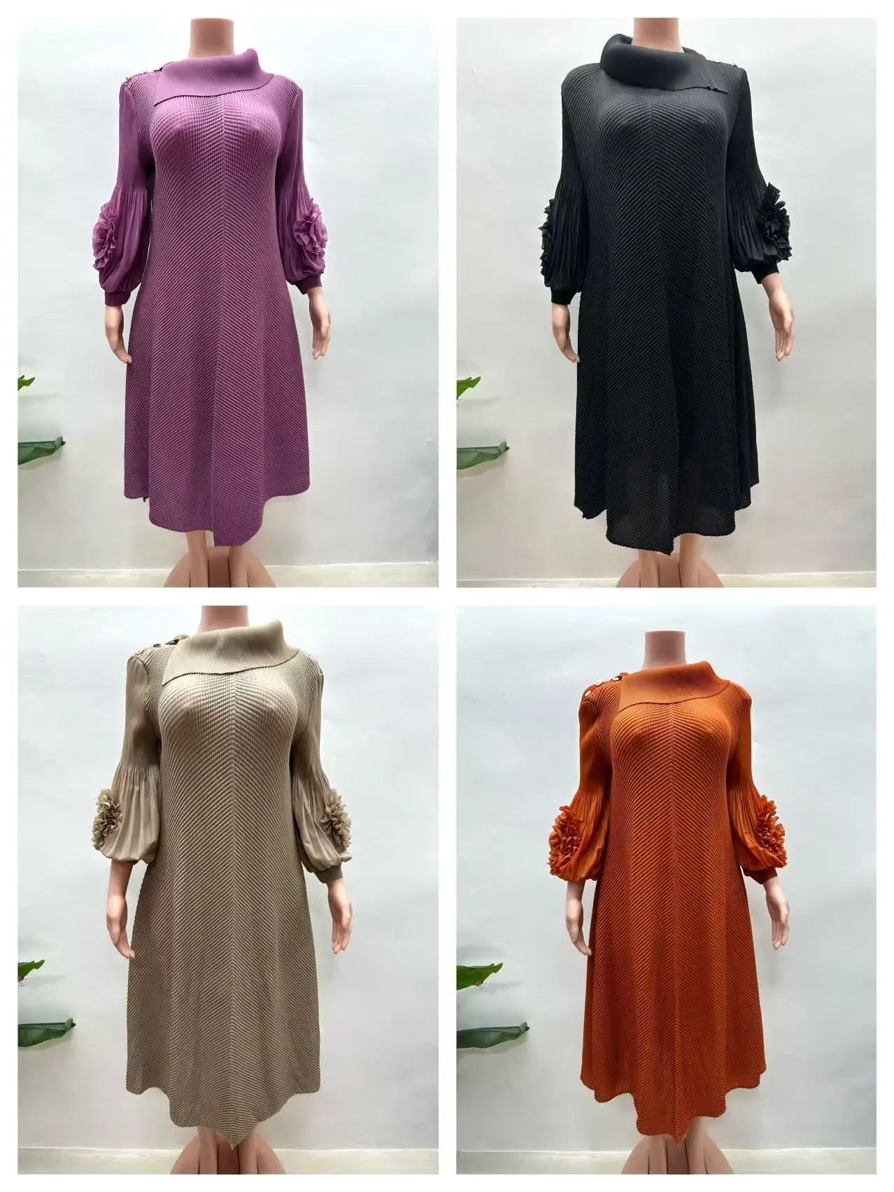 2025 nieuwe losse Miyake jurk modieuze draak schaal geplooide bubble mouw hand aangezwengeld bloem elegante lange damesjurk