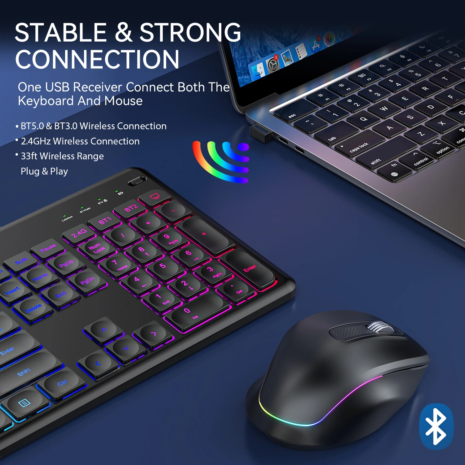Ergonomic Bluetooth5.0&2.4G Wireless Keyboard Mouse Set with Tablet Holder,Rechargeable LED Backlit Keyboard Set for Window/Mac