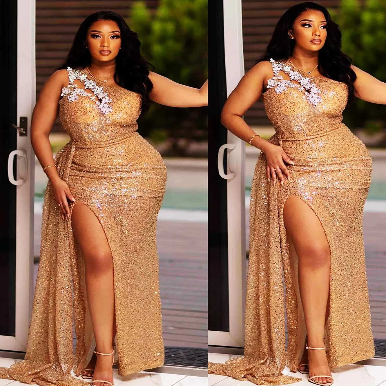 

Shining Gold Sheath Prom Dresses For Special Occasions One Shoulder Lace Sequined Evening Formal Party Second Reception Birthday