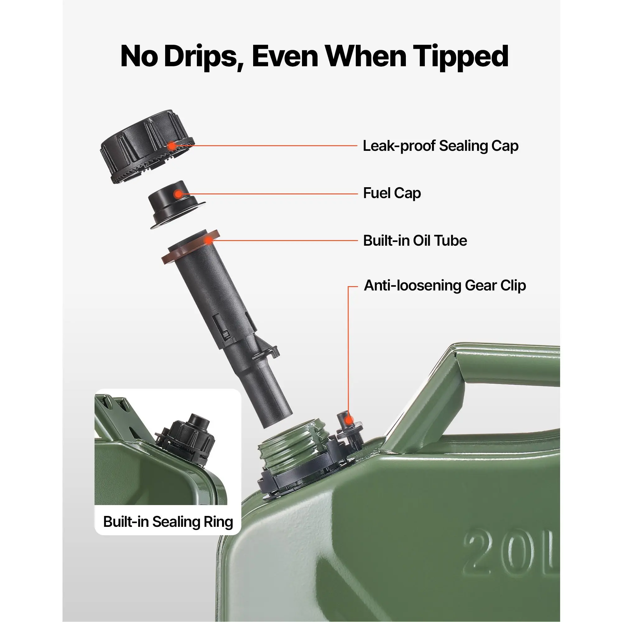 Metal Fuel Container, 5.3 Gallon, Jerry Can with Spout and Comfort Handle, 6 L/min Max Flow Rate, Leakproof