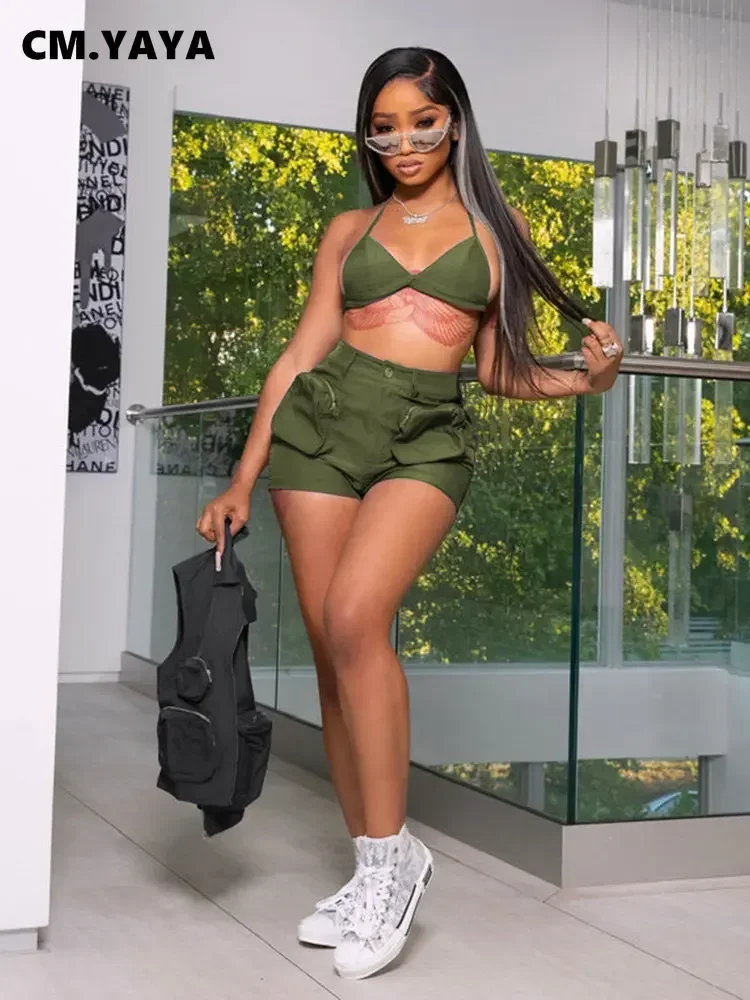 Fashion Women's Set Halter Bra Crop Top and Safari Shorts Suit 2024 Active Cargo INS Two 2 Piece Set Outfit Tracksuit