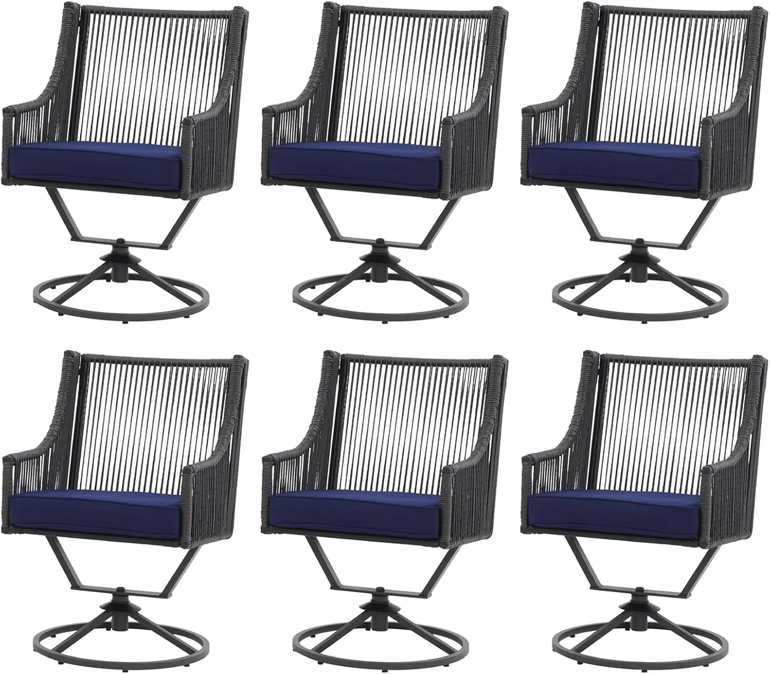 Outdoor Swivel Dining Chairs Set of 6, Wicker All-Weather Rattan Chairs with Cushions for Lawn & Backyard (Black/Blue)