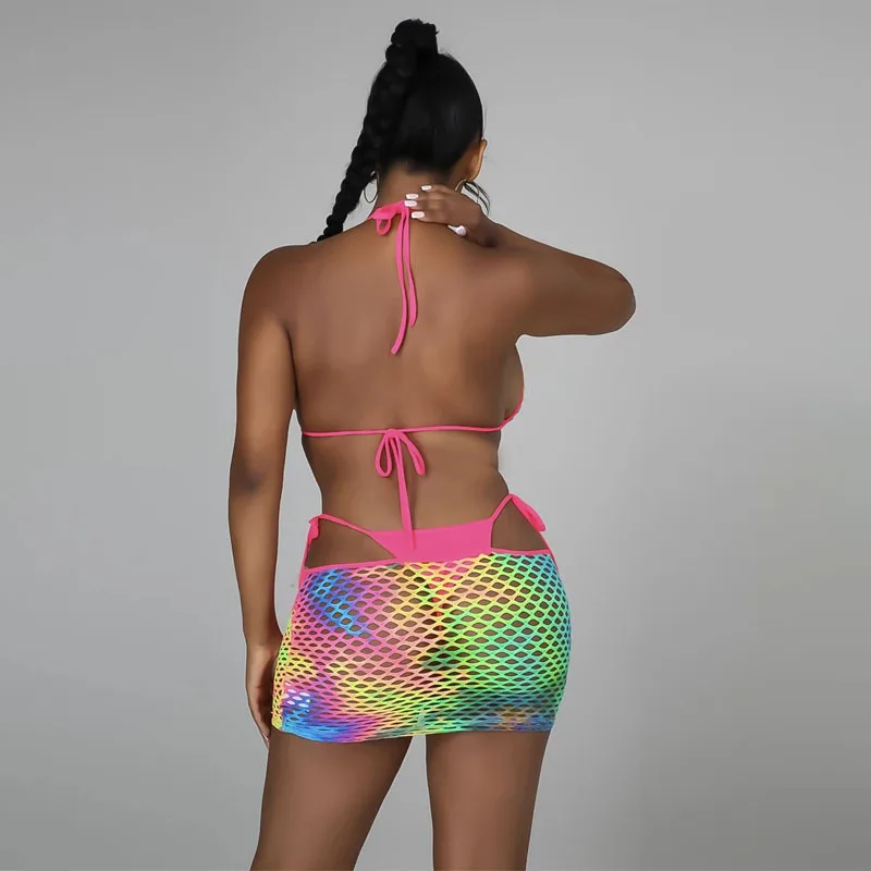 Sexy kleurrijke badmode bikiniset met doorzichtige visnet cover-up, mode dames meisjes badpak coverups mesh rok voor strand