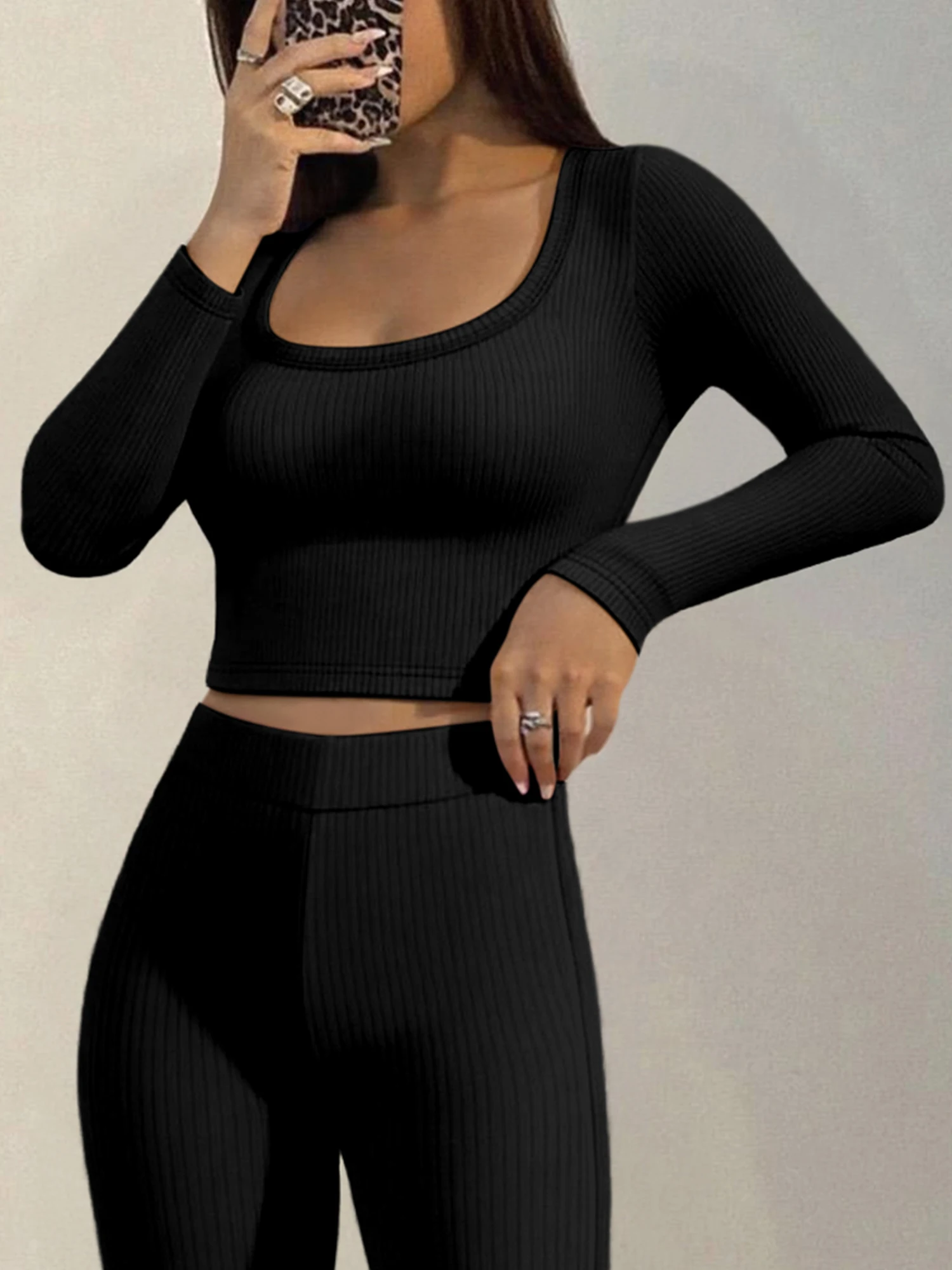 Street Fashion Bodycon Ribbed Crop Tee Women Low U Neck Long Sleeve Solid Stretchy Going Out Shirts