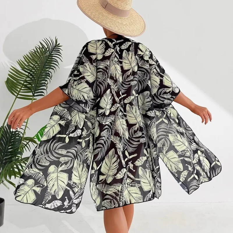 Women's Simple Sexy Dress 2026 New Fashion Vacation Slim Blouse Maple Leaf Print Bikini Beach Skirt Irregular Dresses For Women