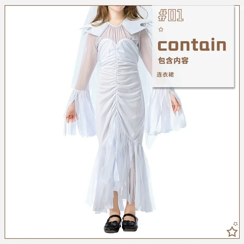 CosplayHalloween الأطفال زي شبح العروس الساحرة زي تأثيري مضحك فستان أبيض كرنفال حفلة فتاة مرحلة الأداء Co