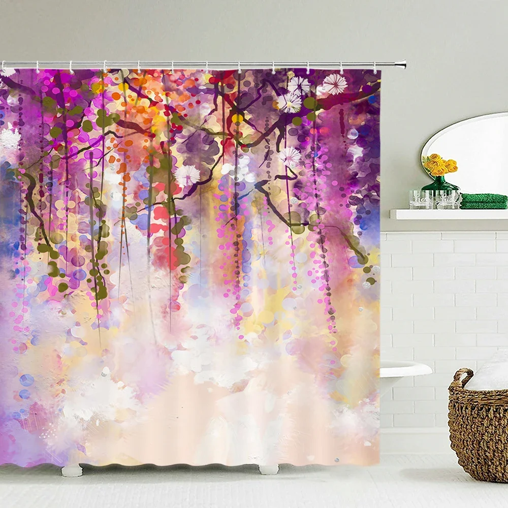 Flowers Plant Fresh Pattern Shower Curtains Waterproof Fabric Bathroom Decor Shower Curtain Multiple Size 240X180 Bath Screen