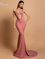 VC Velvet Hollow Out Diamond Crystal Applique Pleat Rhinestone Trumpet V-neck Long Mermaid Cocktail Party Evening Dress