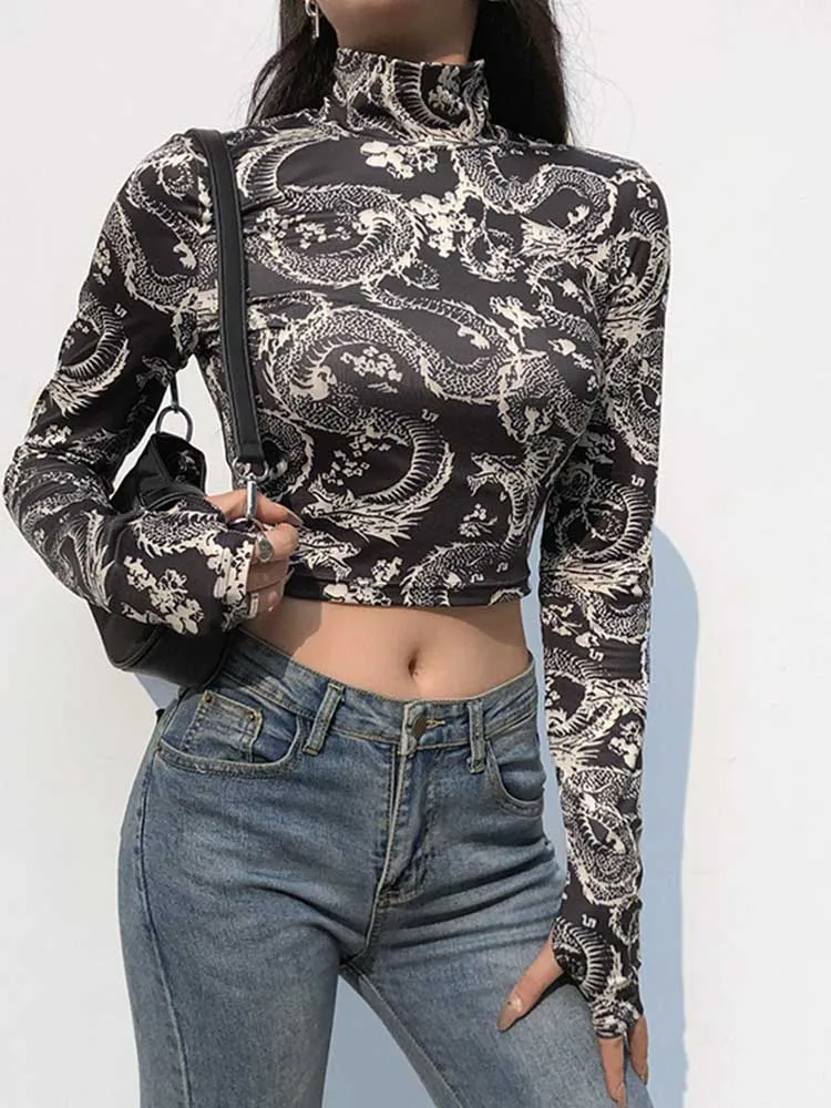 Fashion Trend Women\'s Stylish Dragon Printed Crop Tops Long Sleeve High Collar Slim T-shirt Skinny Tees for Spring Autumn